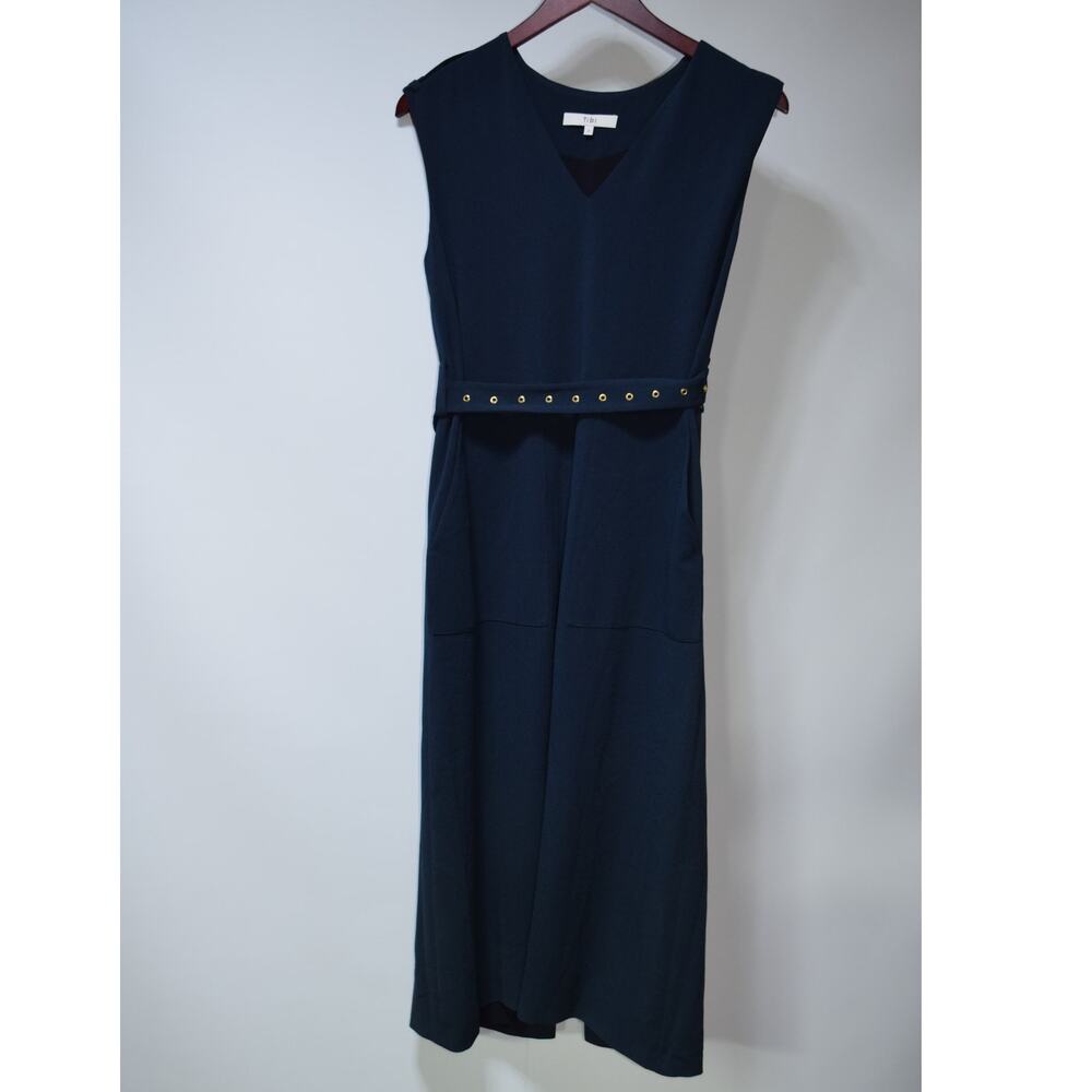 Tibi Navy Sleeveless Midi Dress Belted Grommet Detail Size 2